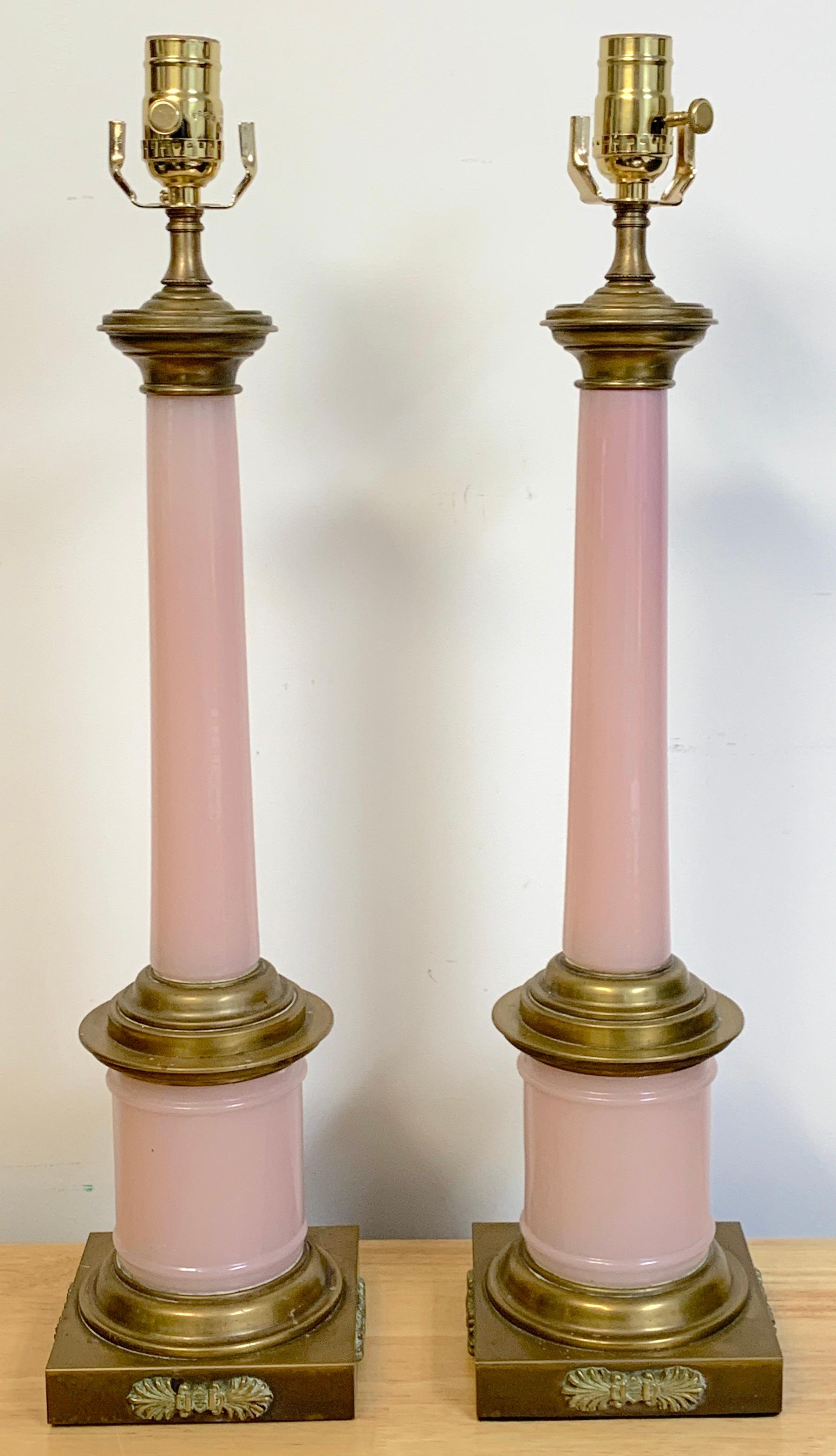Pair of Neoclassical French Pink Opaline Bronze Mounted Column Lamps In Good Condition In West Palm Beach, FL
