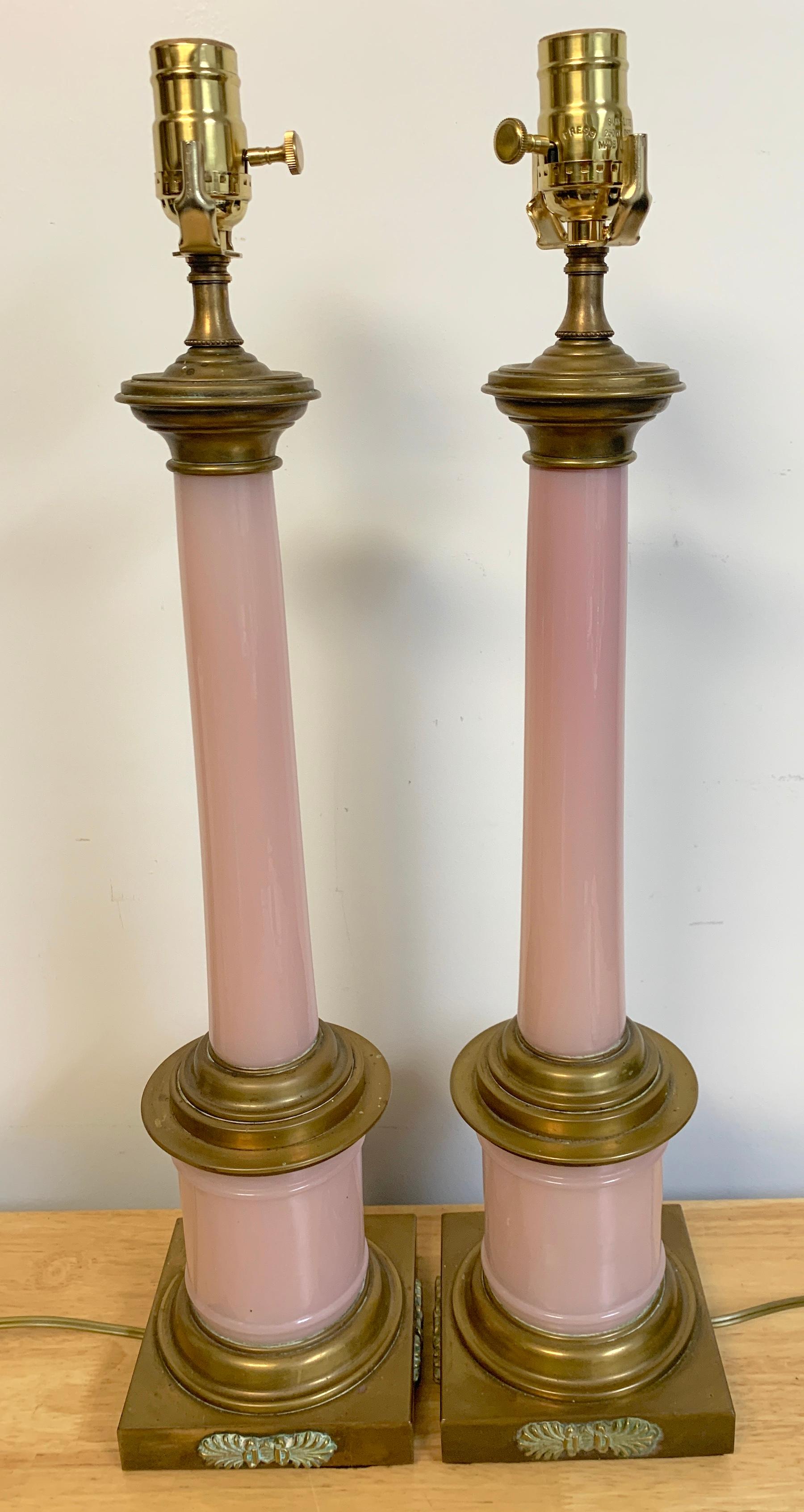 20th Century Pair of Neoclassical French Pink Opaline Bronze Mounted Column Lamps