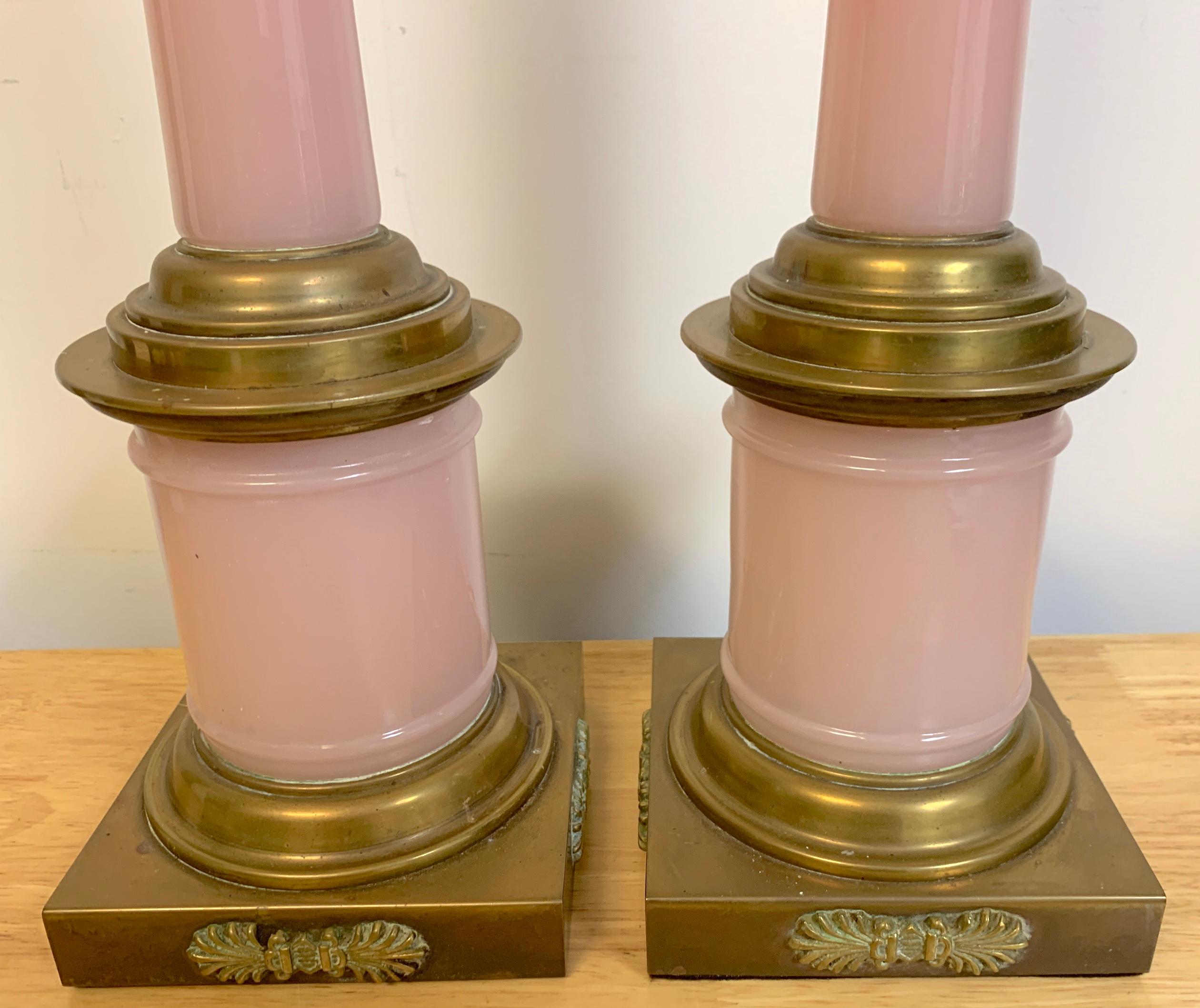 Pair of Neoclassical French Pink Opaline Bronze Mounted Column Lamps 1