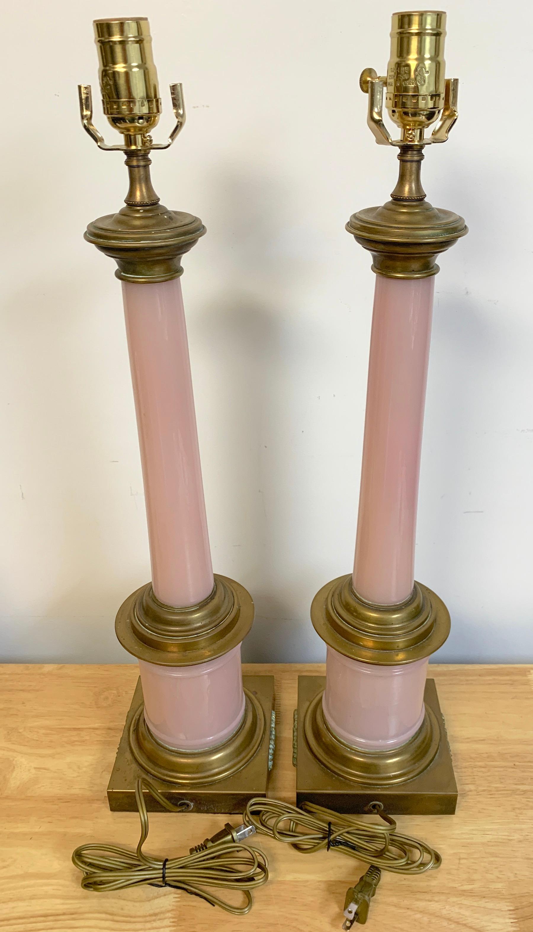 Pair of Neoclassical French Pink Opaline Bronze Mounted Column Lamps 2