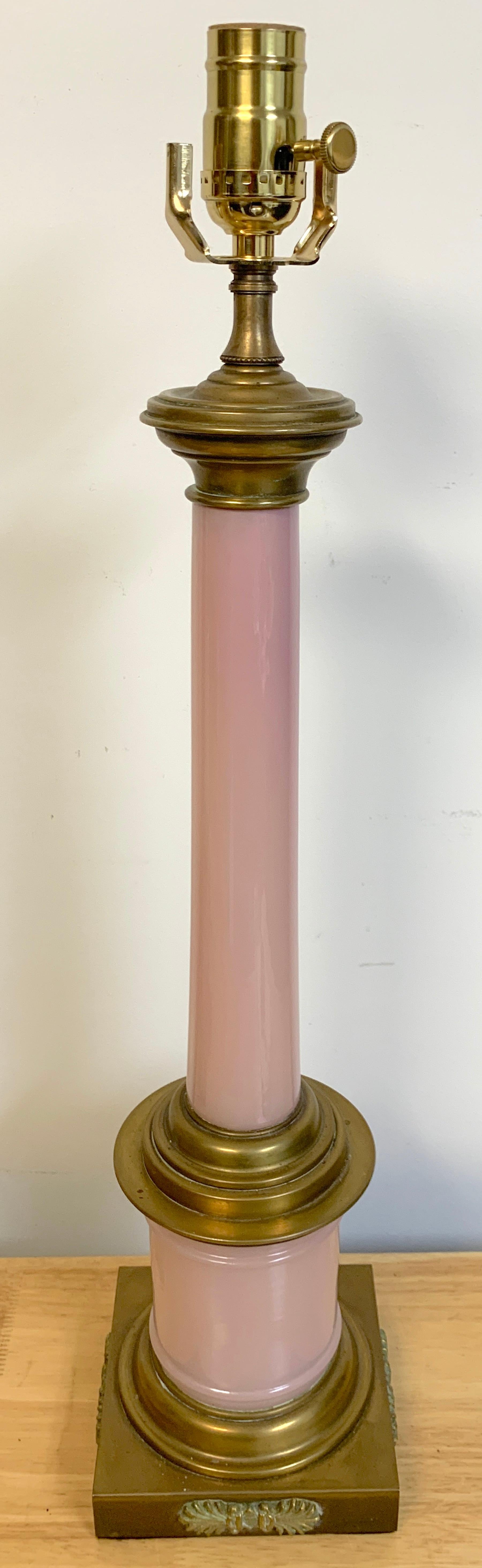 Pair of Neoclassical French Pink Opaline Bronze Mounted Column Lamps 3