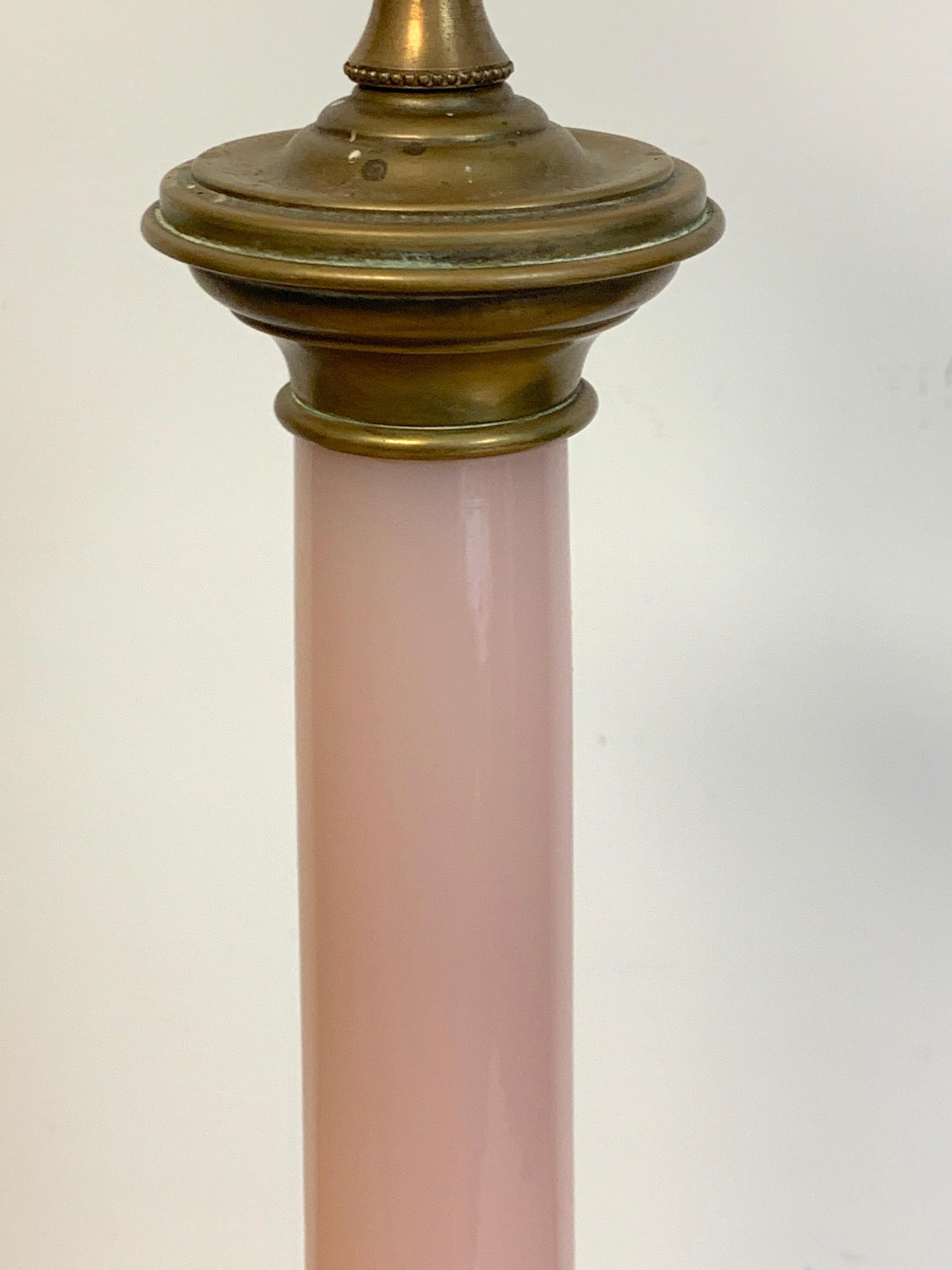 Pair of Neoclassical French Pink Opaline Bronze Mounted Column Lamps 4
