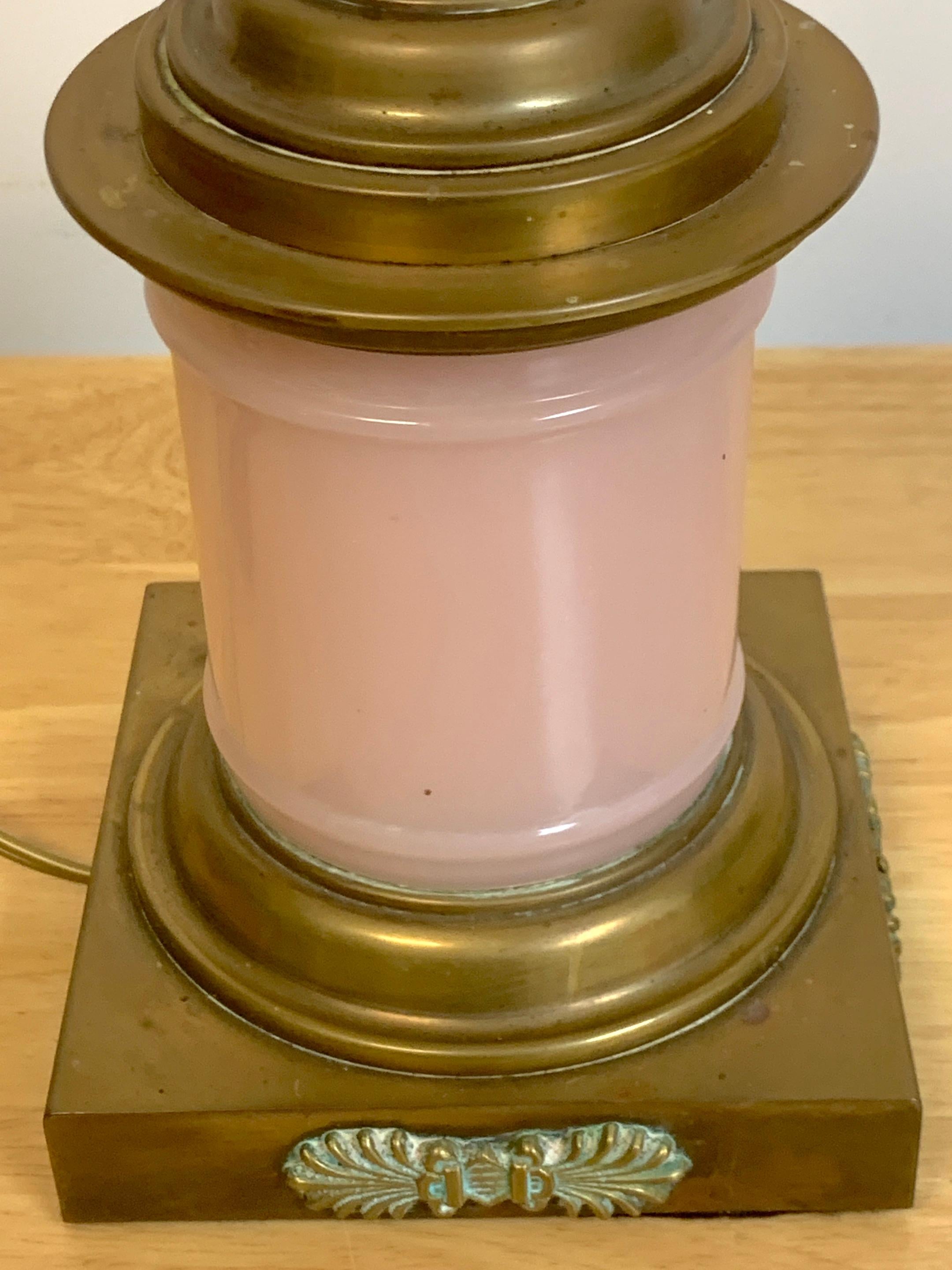 Pair of Neoclassical French Pink Opaline Bronze Mounted Column Lamps 5