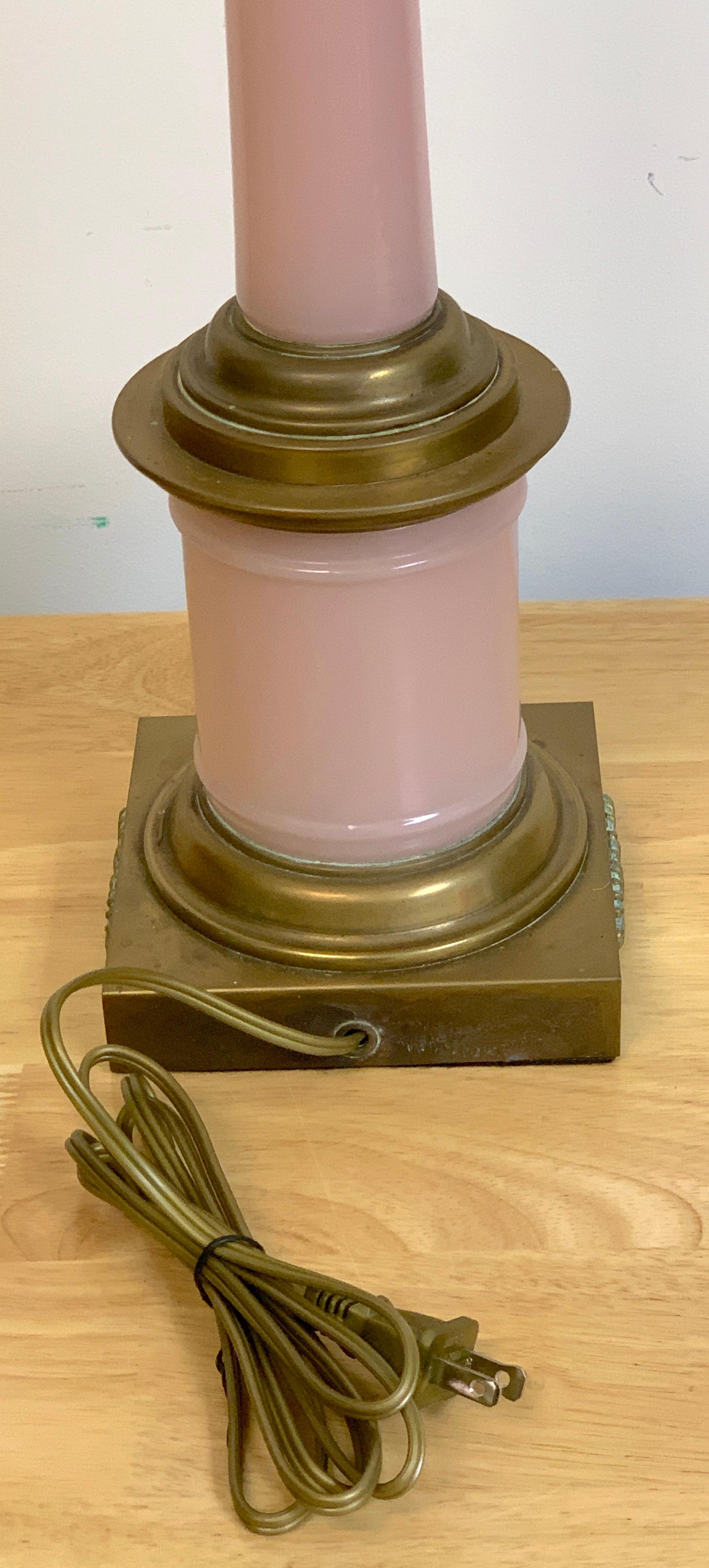 Pair of Neoclassical French Pink Opaline Bronze Mounted Column Lamps 6