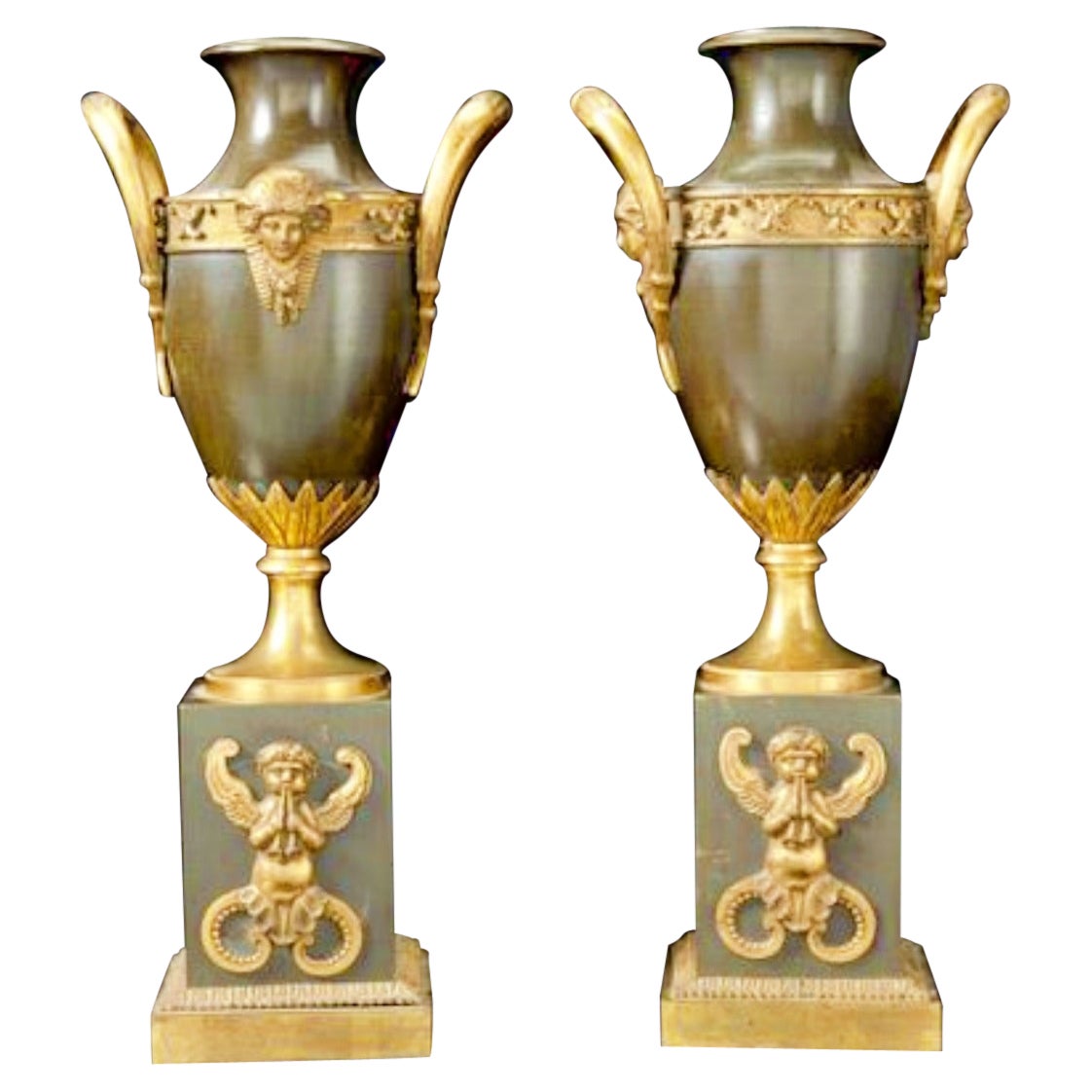 Pair of Neoclassical Gilt and Patinated Bronze Cassolettes, 19th Century