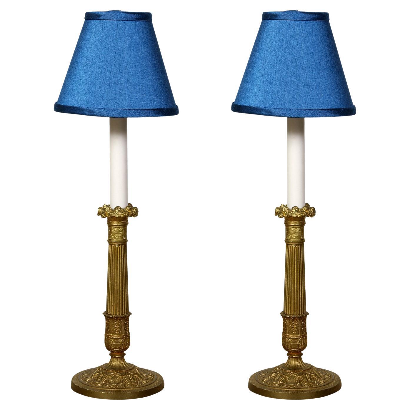 Pair of Neoclassical Gilt Brass Candlestick Lamps