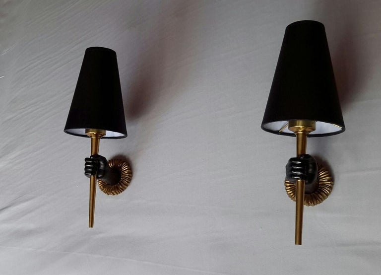Pair of Neoclassical Gilt Bronze and Black Sconces, John Devoluy, France, 1960 In Good Condition In Paris, FR