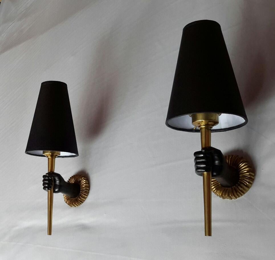 Pair of Neoclassical Gilt Bronze and Black Sconces, John Devoluy, France, 1960 2