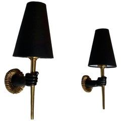 Pair of Neoclassical Gilt Bronze and Black Sconces, John Devoluy, France, 1960