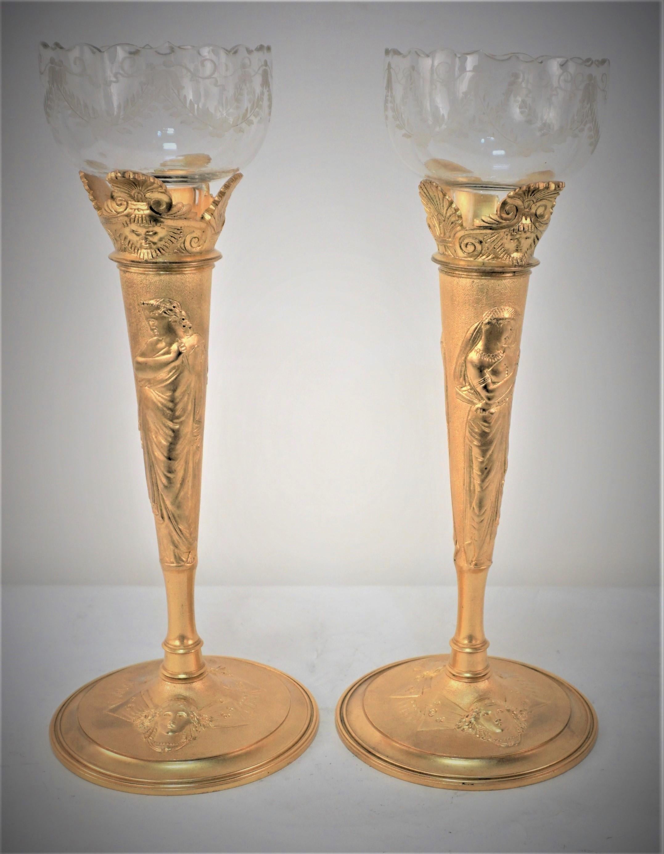 Pair of Neoclassical Gilt Bronze Etched Glass Candlesticks / Vases For Sale 6