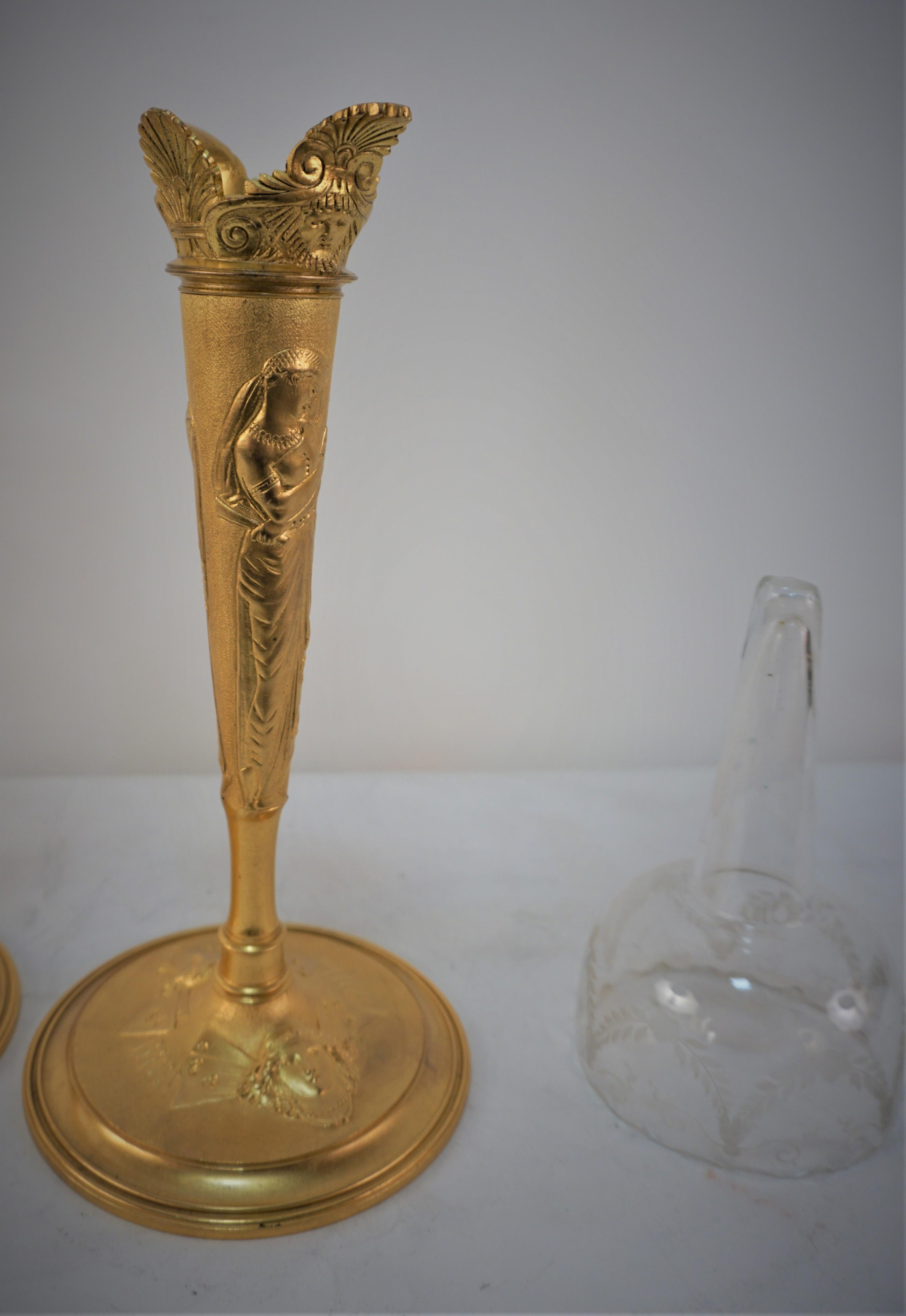 Pair of Neoclassical Gilt Bronze Etched Glass Candlesticks / Vases For Sale 7
