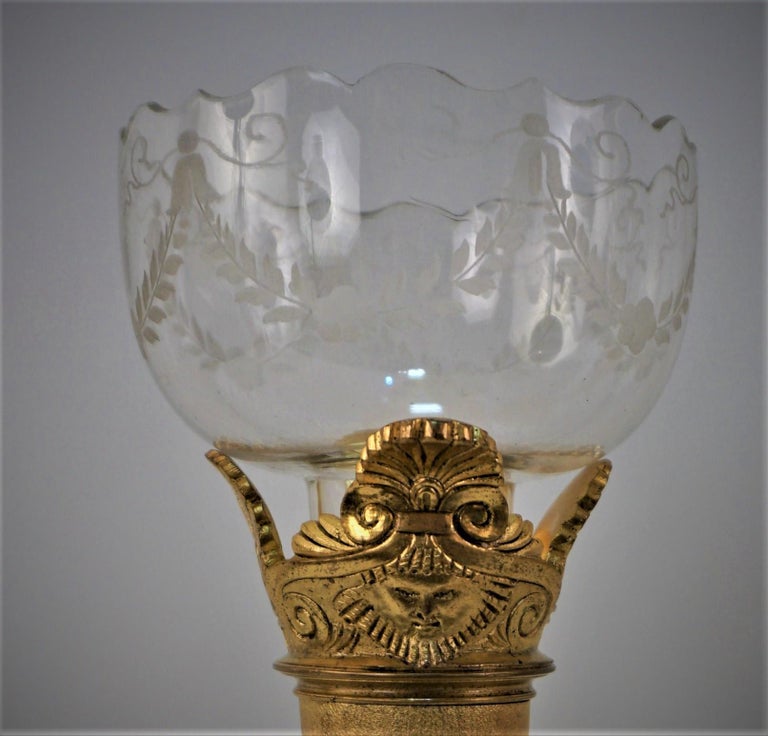 Pair of Neoclassical Gilt Bronze Etched Glass Candlesticks / Vases For