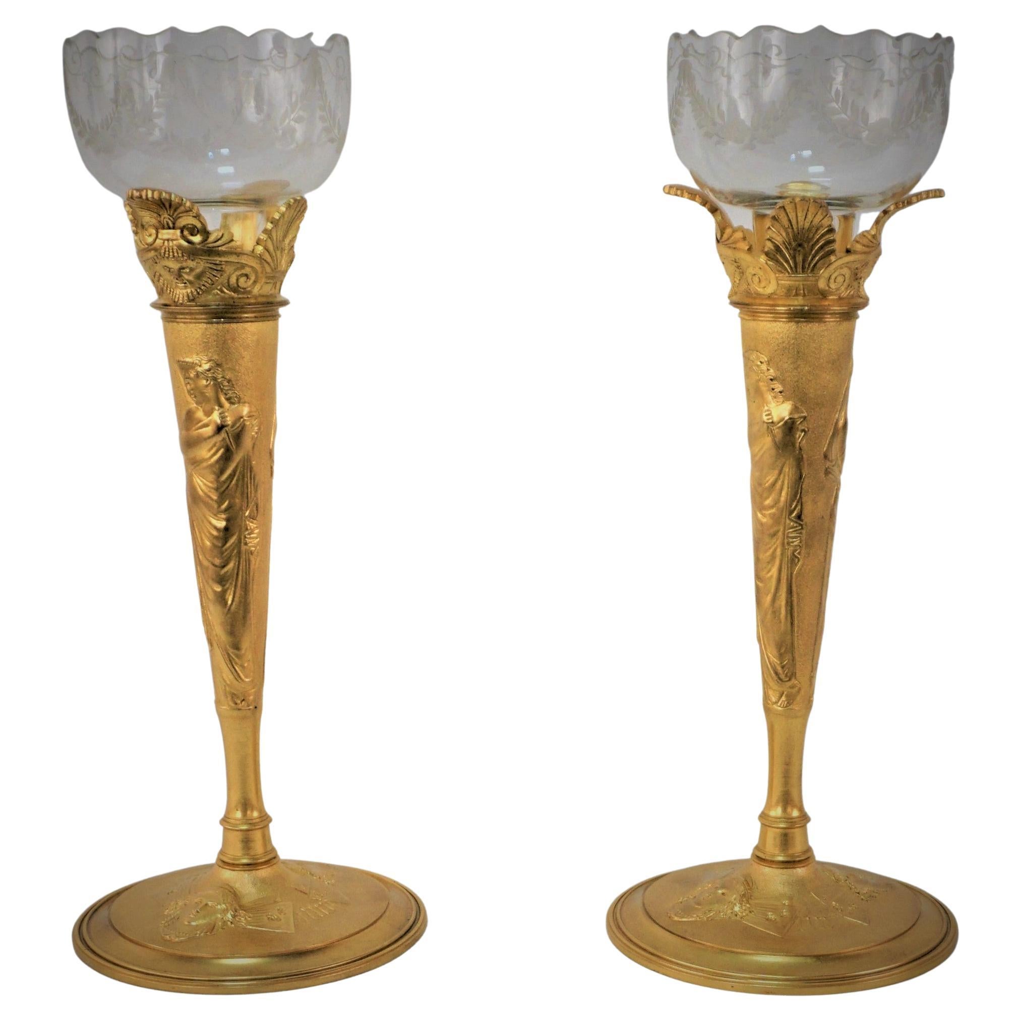 Pair of Neoclassical Gilt Bronze Etched Glass Candlesticks / Vases For Sale