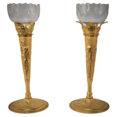 Antique Pair of Neoclassical Gilt Bronze Etched Glass Candlesticks / Vases