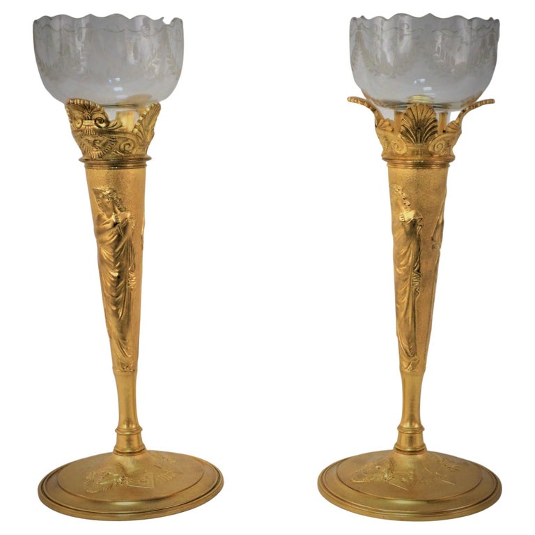 Pair of Neoclassical Gilt Bronze Etched Glass Candlesticks / Vases For