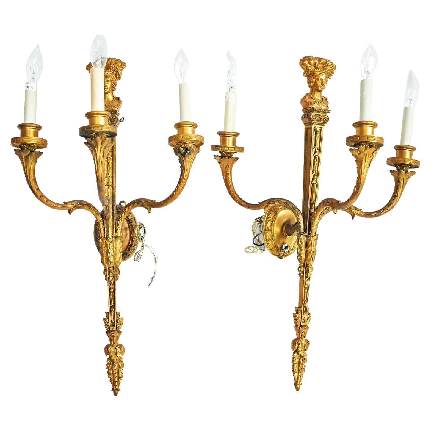 Pair of Neoclassical Gilt Bronze Three-Light Sconces For Sale