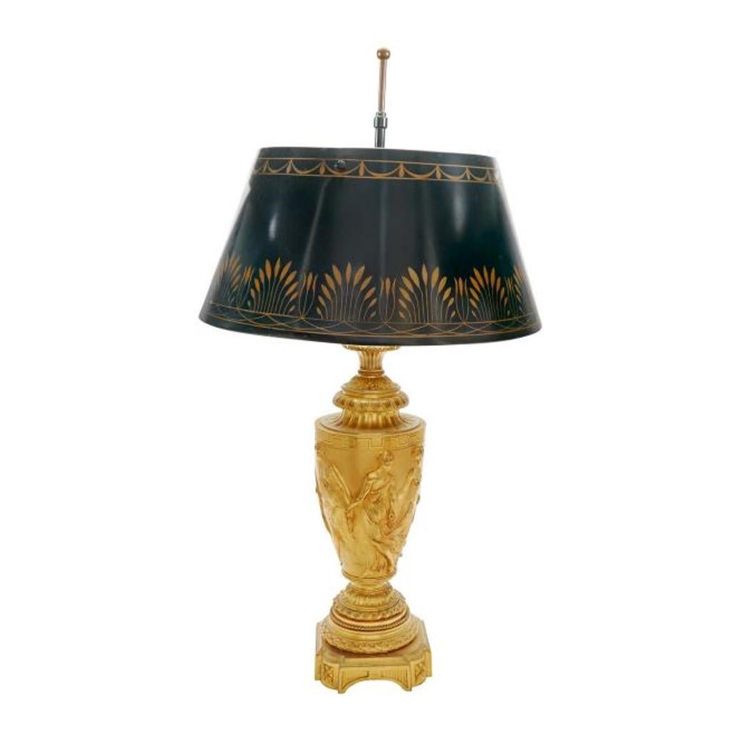 Pair of Neoclassical Gilt Bronze Urn Form Lamps with Tole Metal Shades In Good Condition In New York, NY