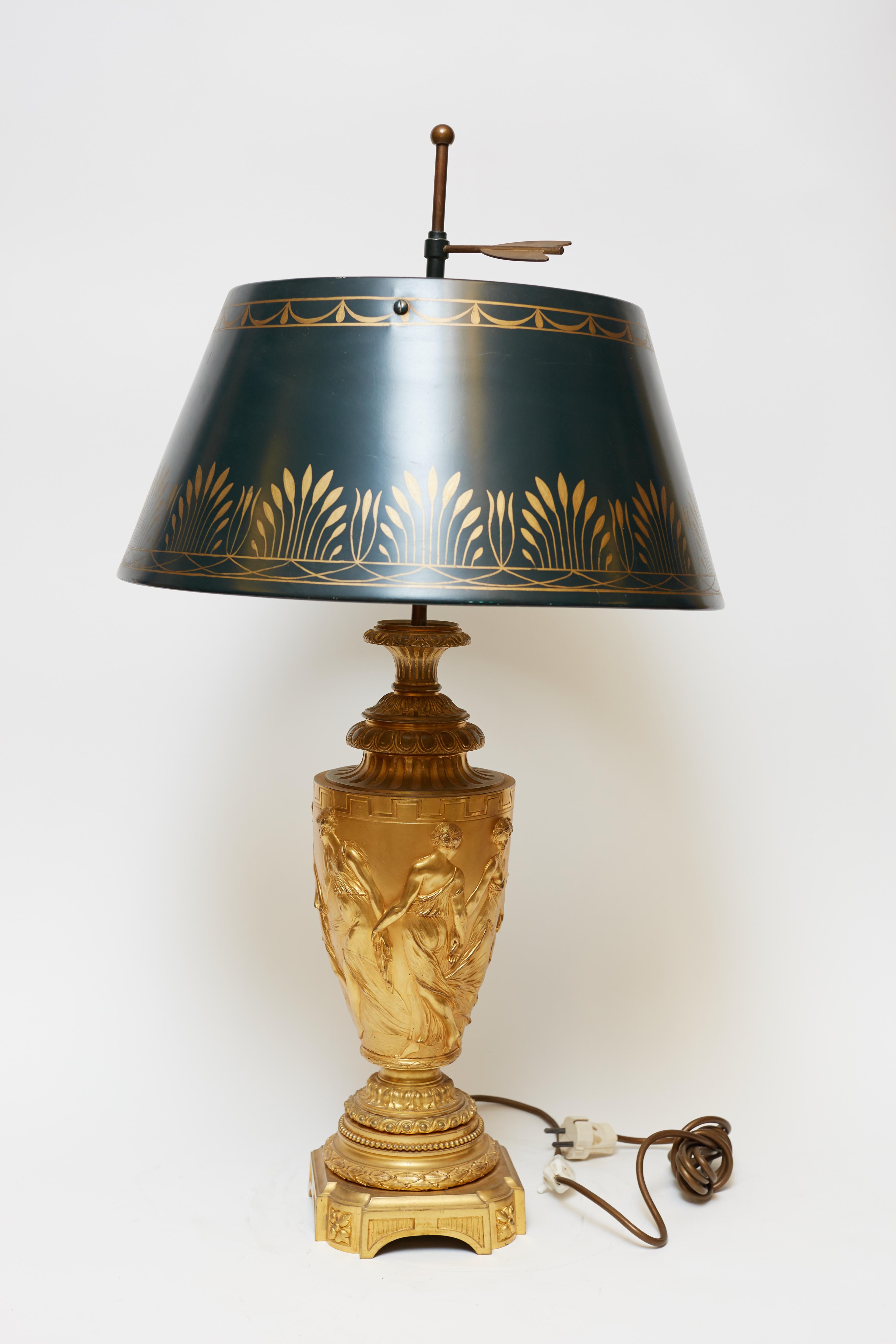 Pair of Neoclassical Gilt Bronze Urn Form Lamps with Tole Metal Shades 2