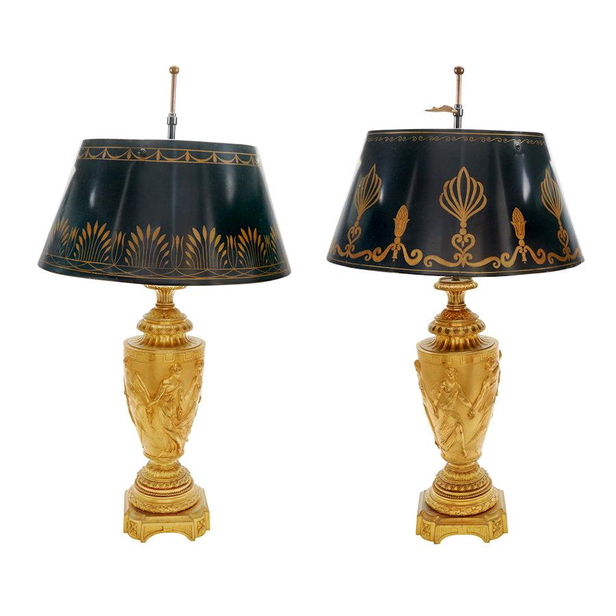 Pair of Neoclassical Gilt Bronze Urn Form Lamps with Tole Metal Shades