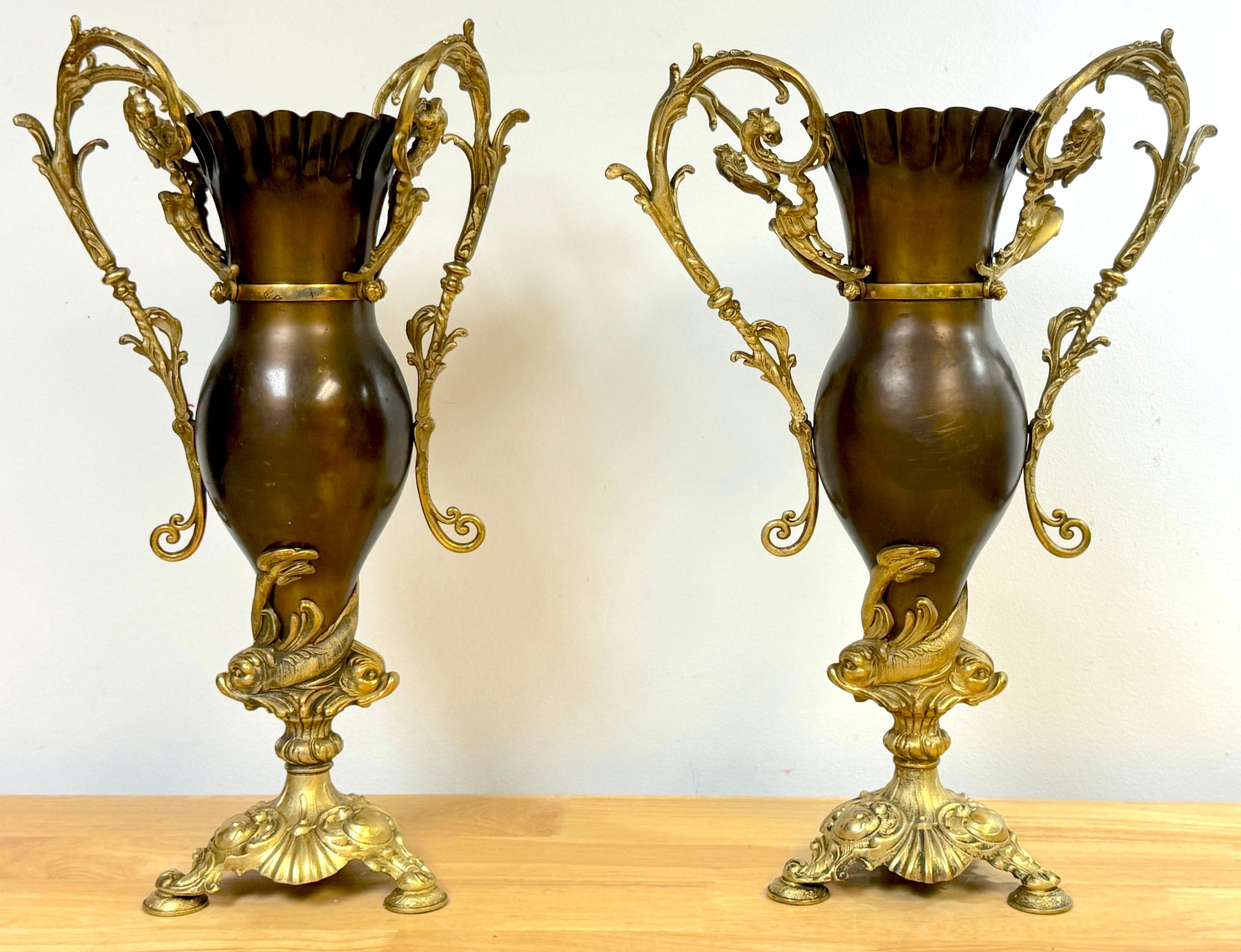 American Pair of Neoclassical Gilt & Patinated Dolphin Motif Vases by Bradley & Hubbard For Sale