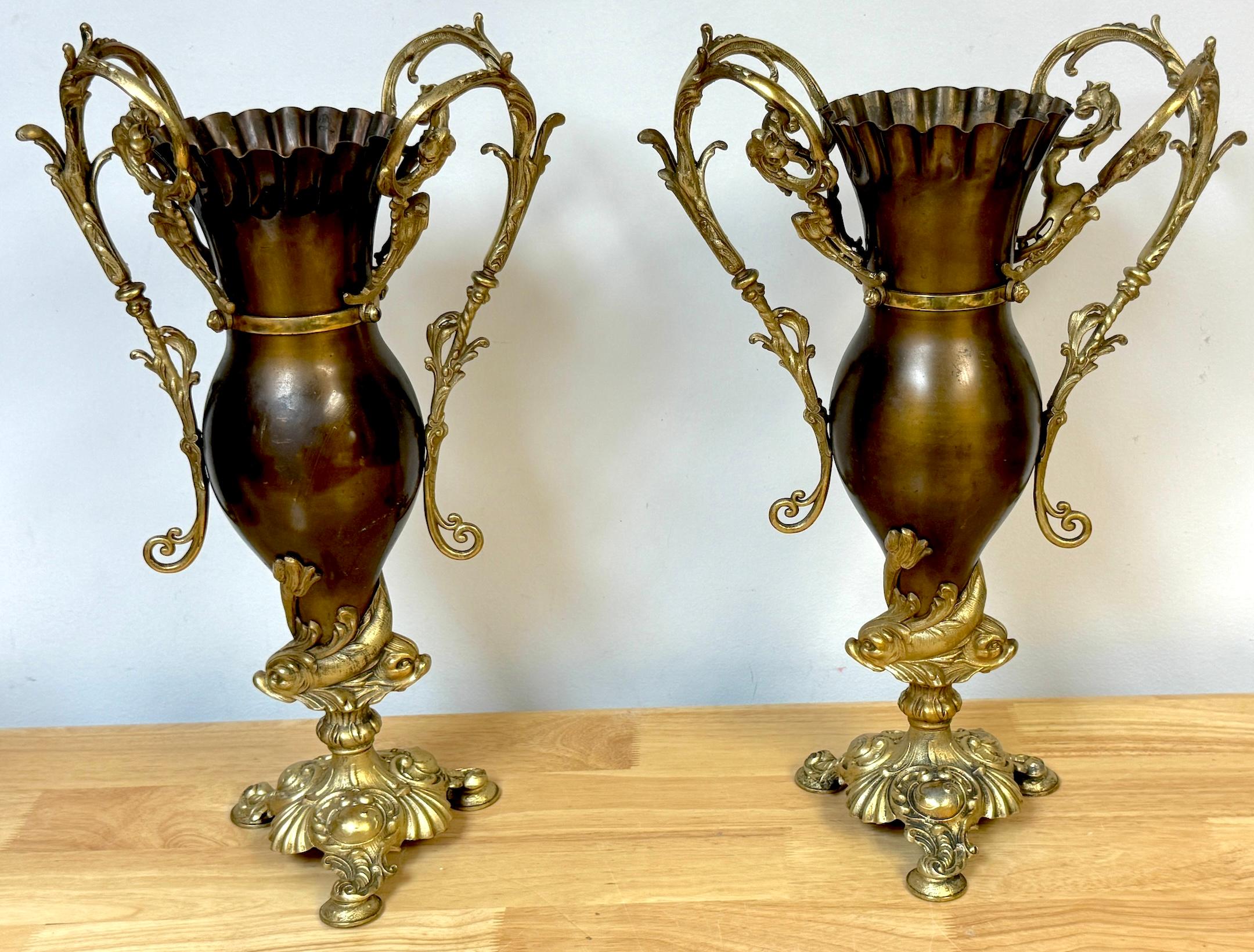 Engraved Pair of Neoclassical Gilt & Patinated Dolphin Motif Vases by Bradley & Hubbard For Sale