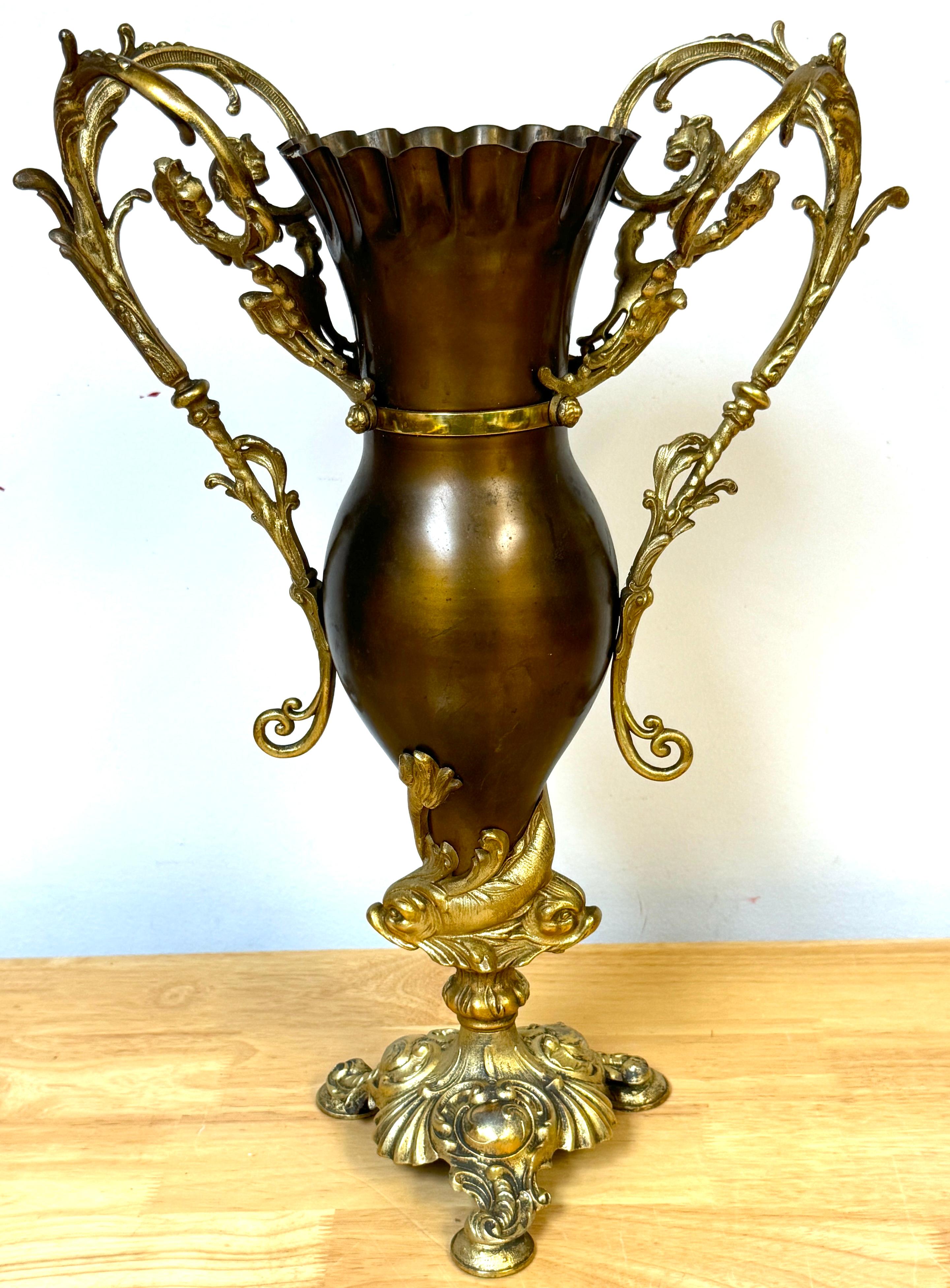 19th Century Pair of Neoclassical Gilt & Patinated Dolphin Motif Vases by Bradley & Hubbard For Sale