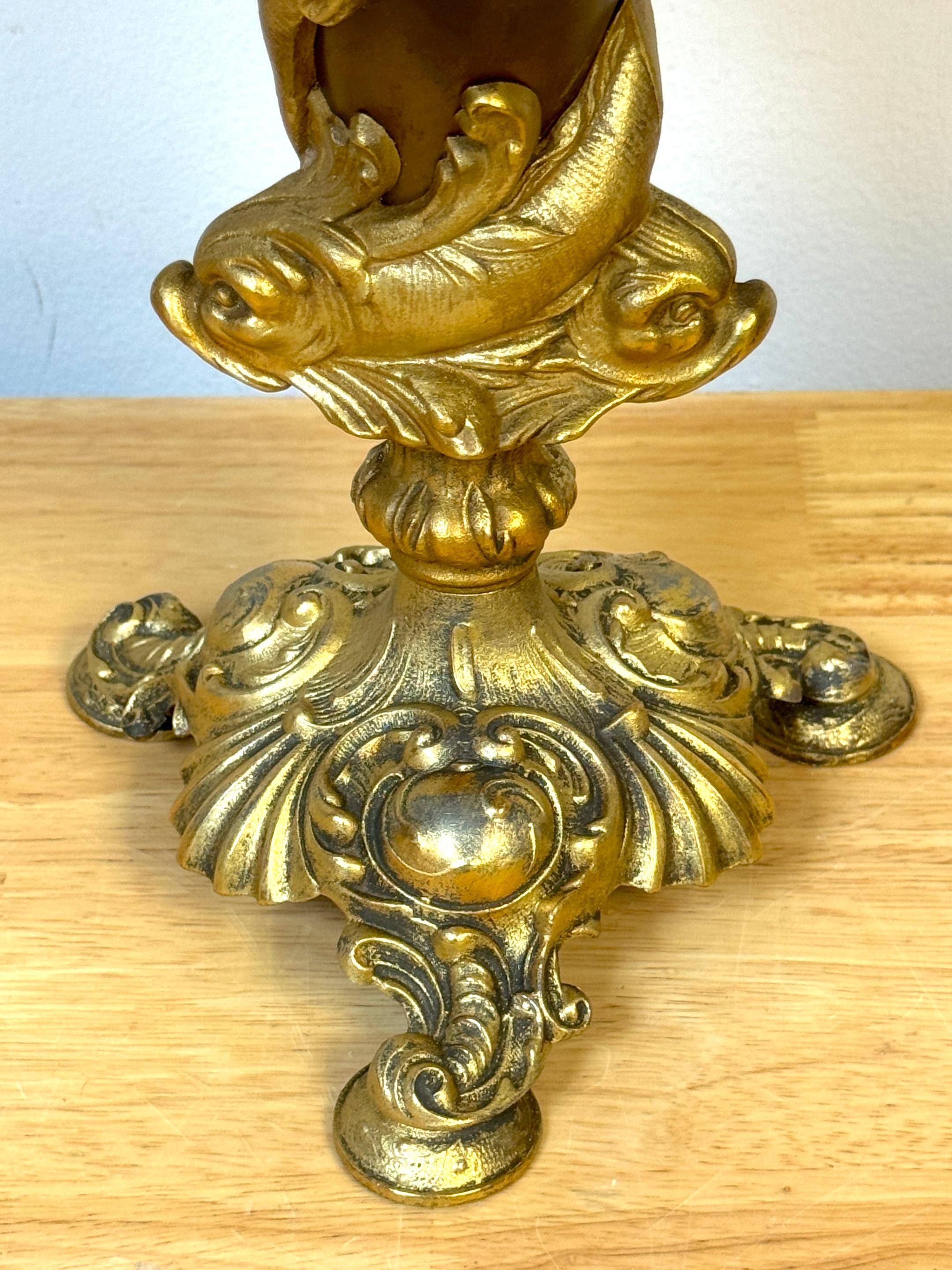 Metal Pair of Neoclassical Gilt & Patinated Dolphin Motif Vases by Bradley & Hubbard For Sale