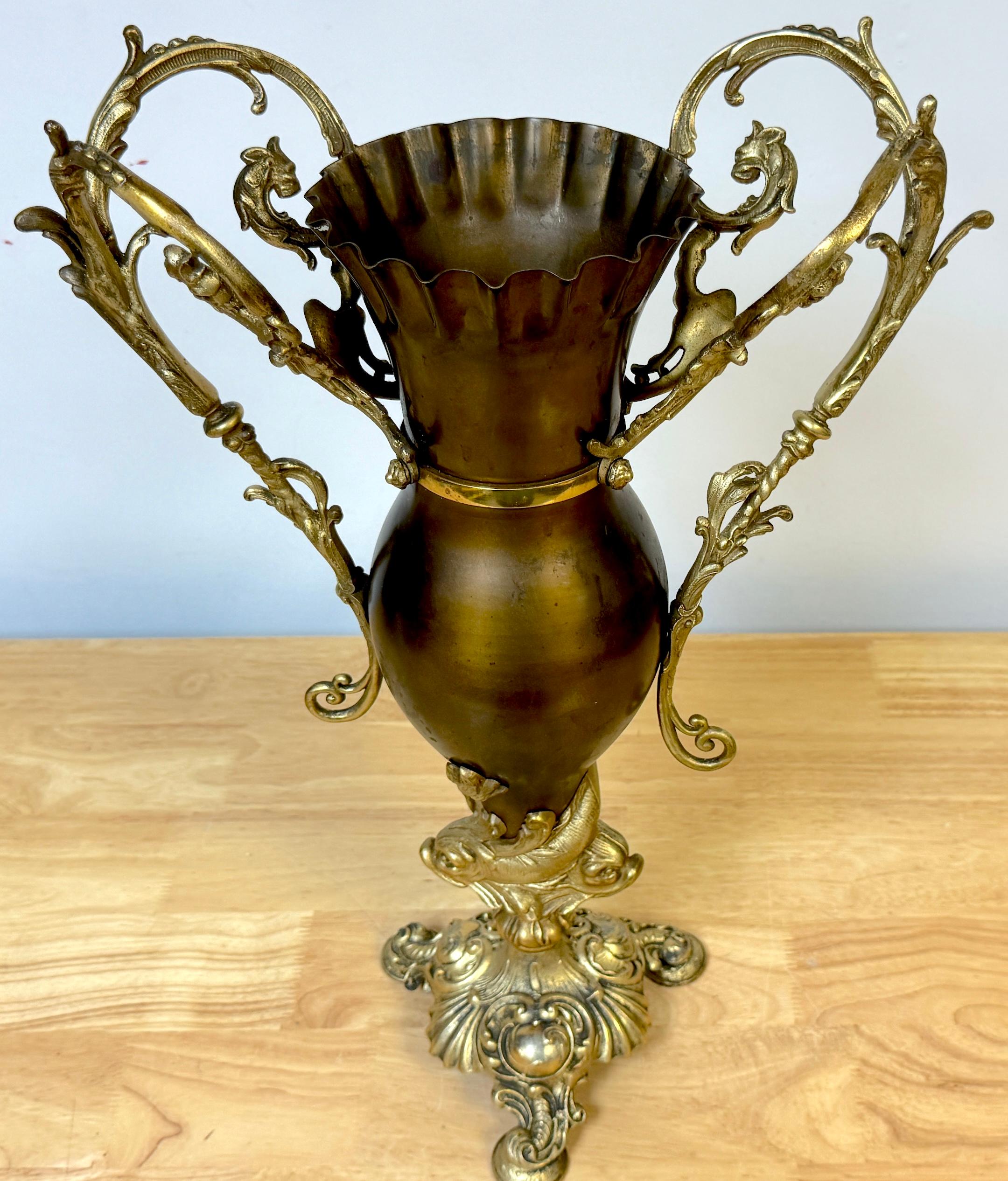Pair of Neoclassical Gilt & Patinated Dolphin Motif Vases by Bradley & Hubbard For Sale 1