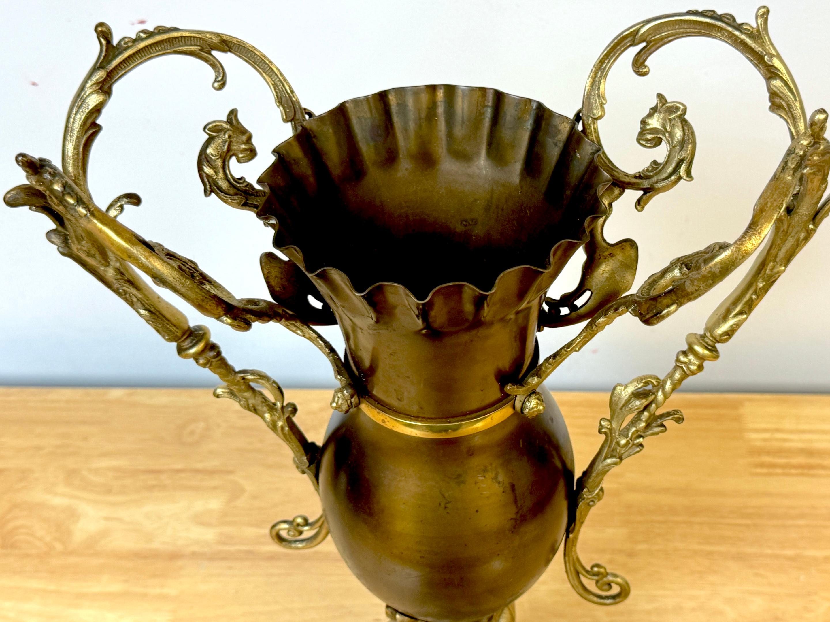 Pair of Neoclassical Gilt & Patinated Dolphin Motif Vases by Bradley & Hubbard For Sale 2