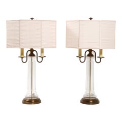 Pair of Neoclassical Glass Lamps with Pink Silk Shades, Italy 1960
s