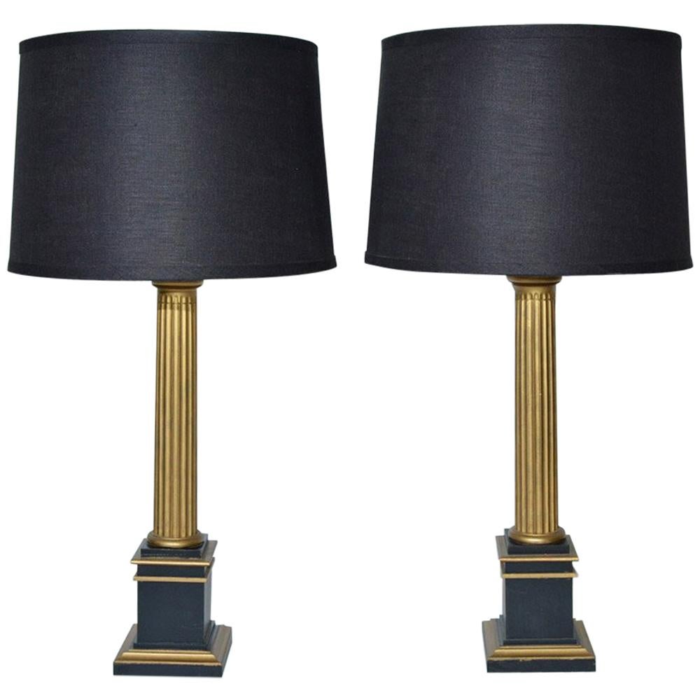 Pair of Neoclassical Gold and Black Column Lamps
