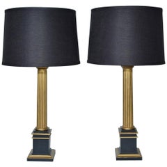Pair of Neoclassical Gold and Black Column Lamps