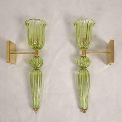 Pair of neoclassical green Murano Glass sconces