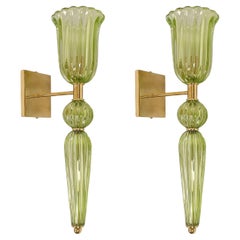Pair of neoclassical green Murano Glass sconces