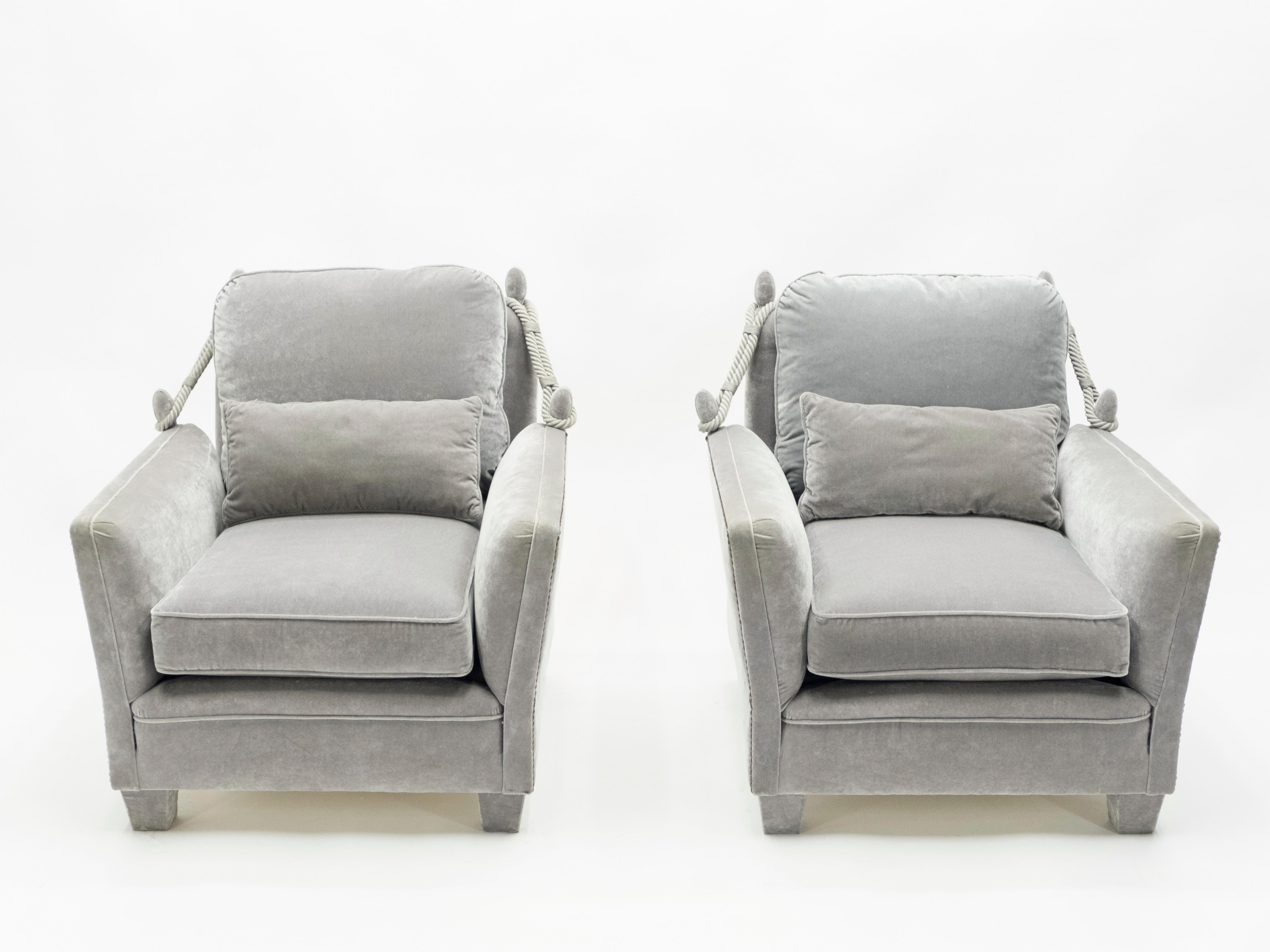 Pair of Neoclassical Grey Velvet Maison Jansen Armchairs, 1970s 6