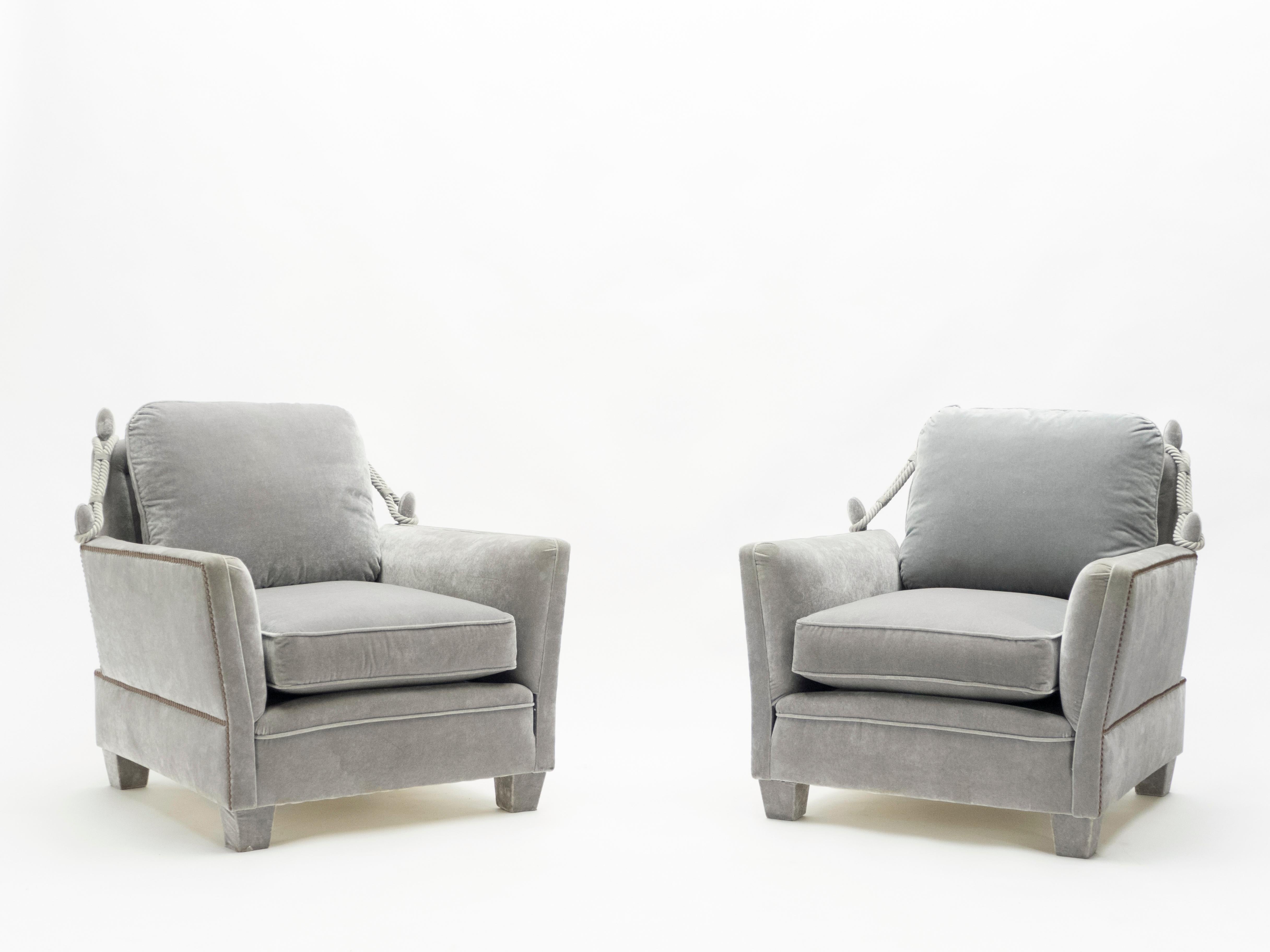 Pair of Neoclassical Grey Velvet Maison Jansen Armchairs, 1970s 9