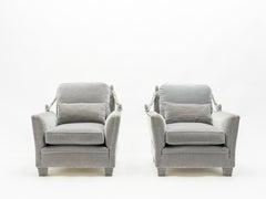 Pair of Neoclassical Grey Velvet Maison Jansen Armchairs, 1970s