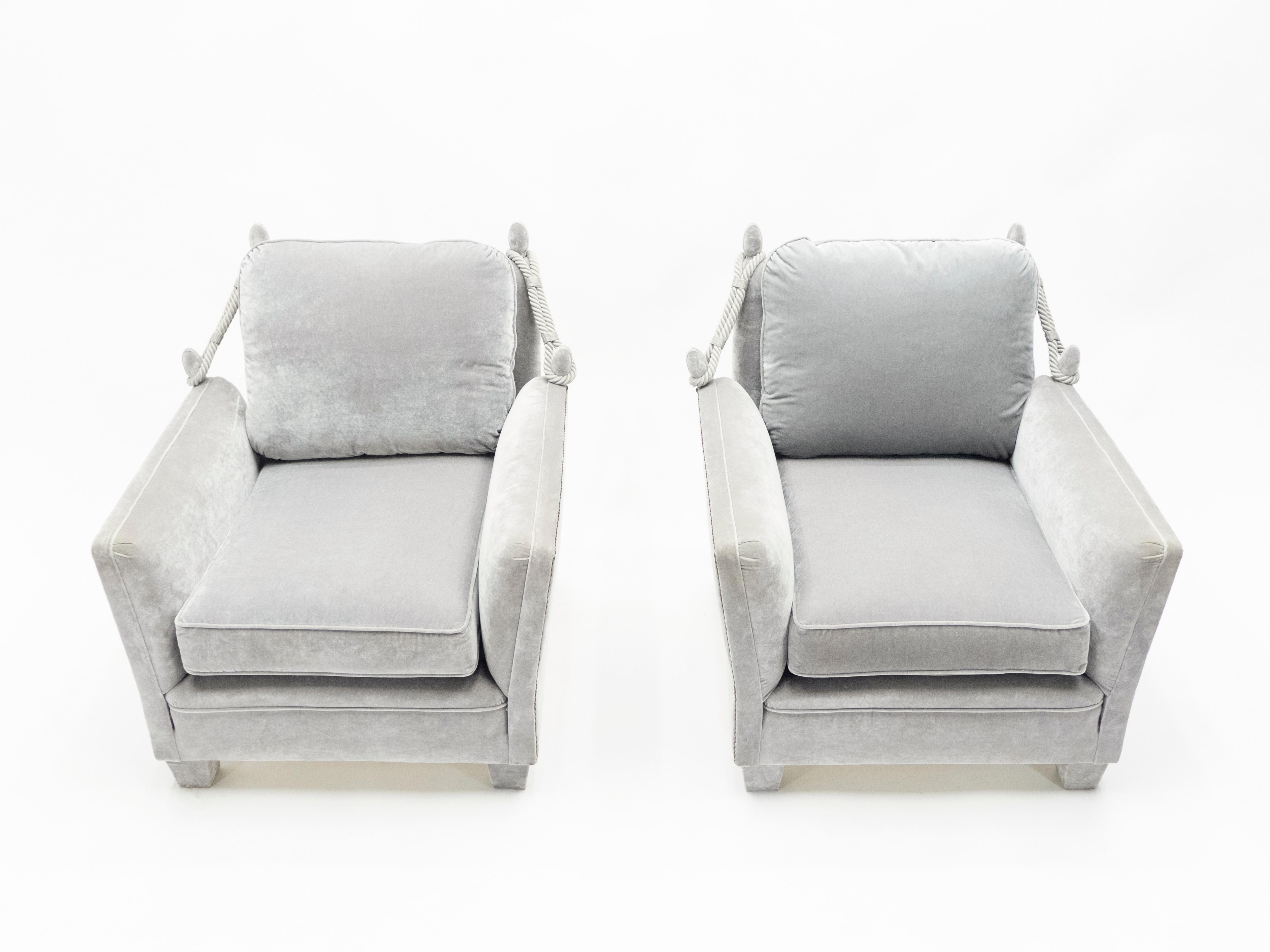 Mid-Century Modern Pair of Neoclassical Grey Velvet Maison Jansen Armchairs, 1970s
