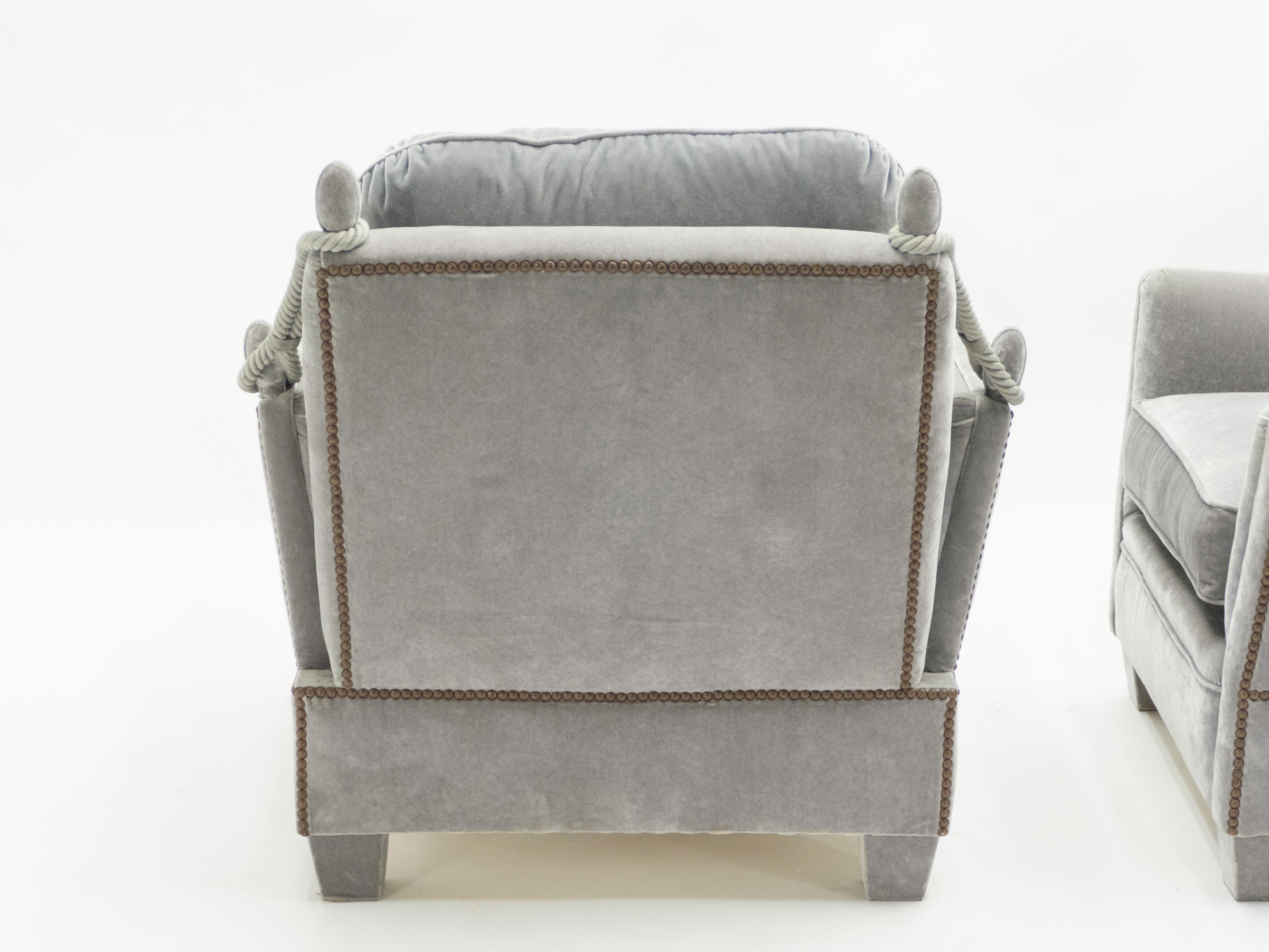 Pair of Neoclassical Grey Velvet Maison Jansen Armchairs, 1970s 2