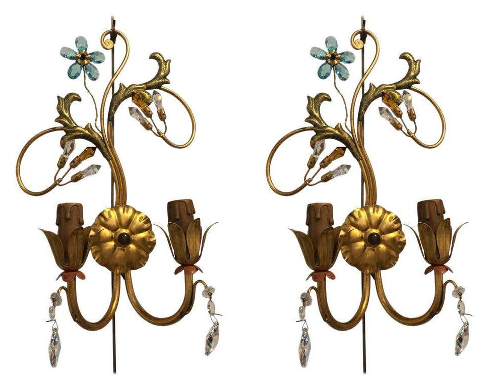 Pair of Neoclassical Handcrafted Italian Gilt Metal and Crystal Sconces by Alba In Good Condition In Plainview, NY