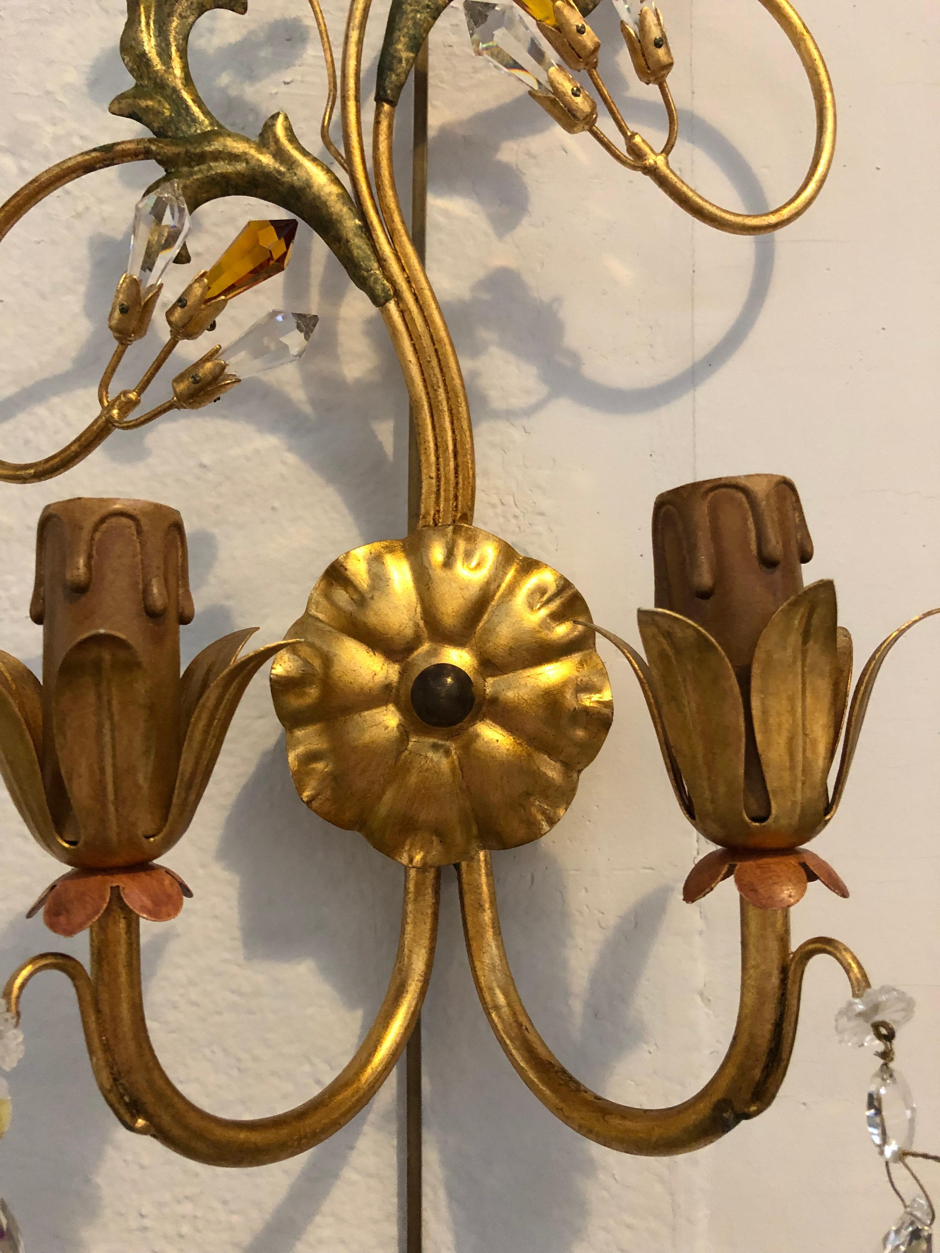 Pair of Neoclassical Handcrafted Italian Gilt Metal and Crystal Sconces by Alba 2