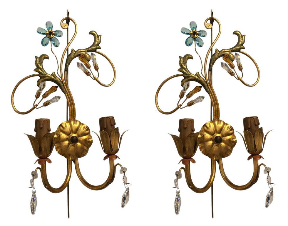 Pair of Neoclassical Handcrafted Italian Gilt Metal and Crystal Sconces by Alba