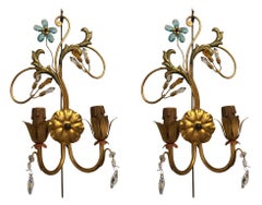 Pair of Neoclassical Handcrafted Italian Gilt Metal and Crystal Sconces by Alba