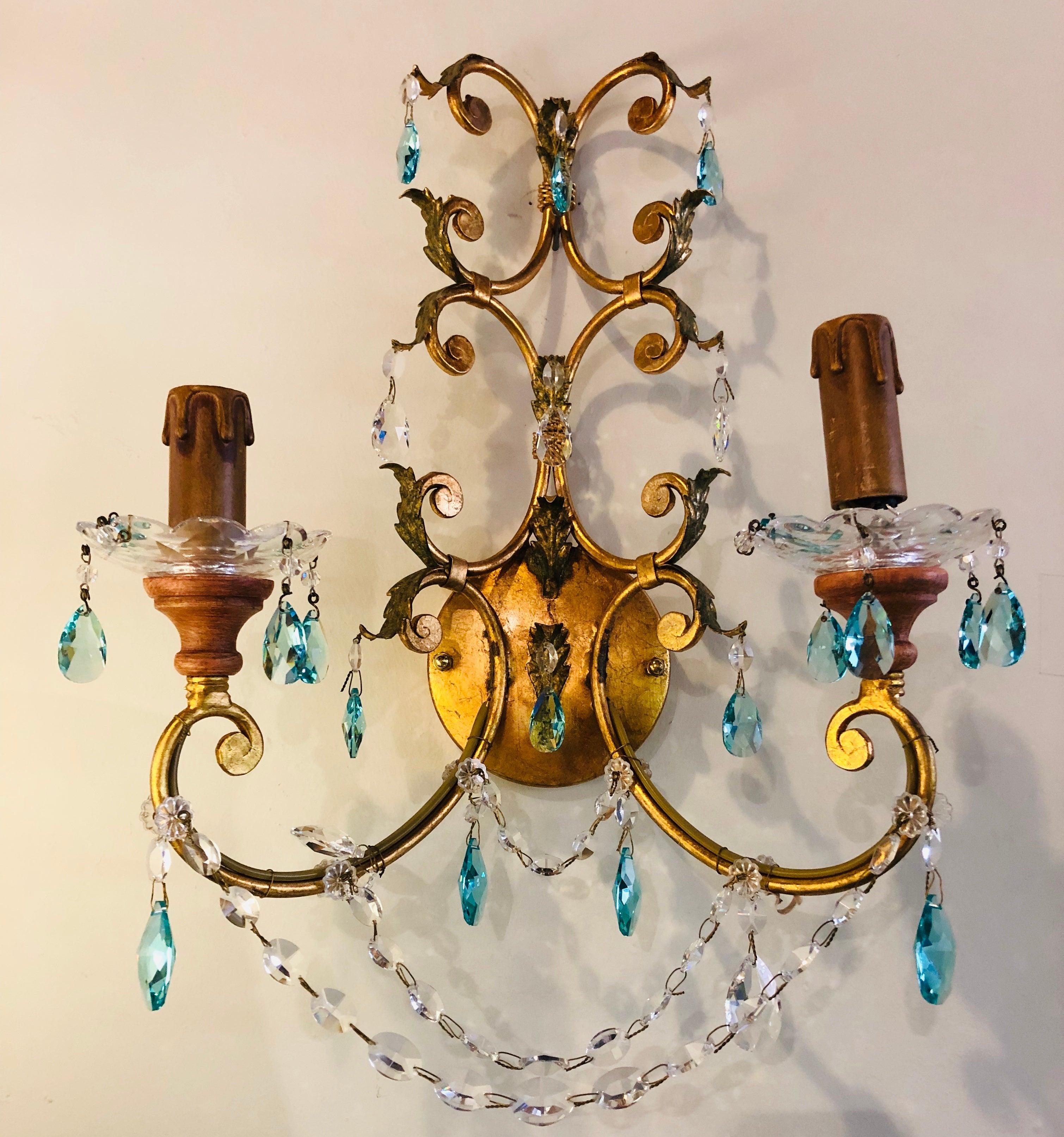 Hollywood Regency Pair of Neoclassical Handcrafted Italian Gilt Metal and Crystal Sconces