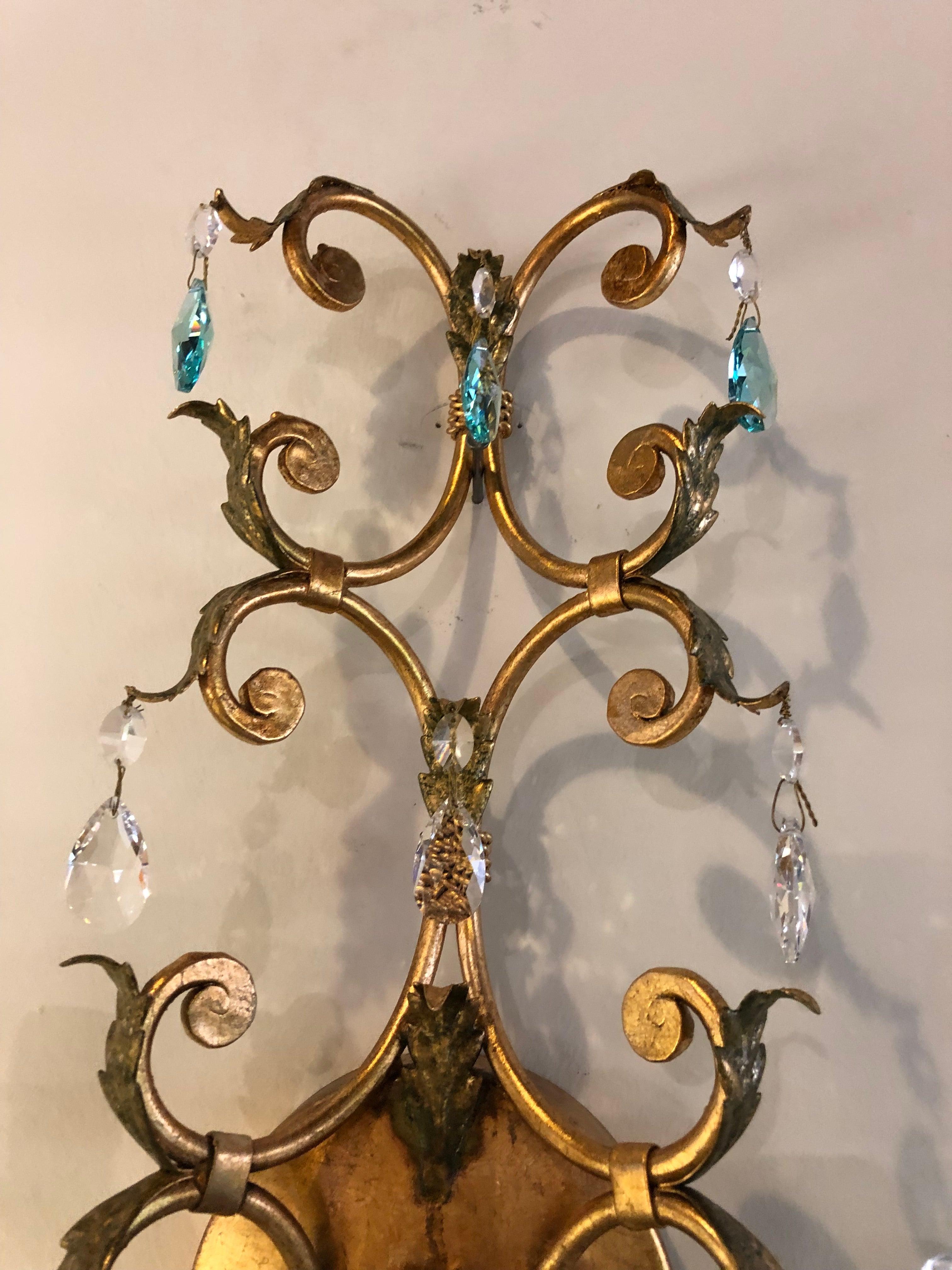 Pair of Neoclassical Handcrafted Italian Gilt Metal and Crystal Sconces In Good Condition In Plainview, NY