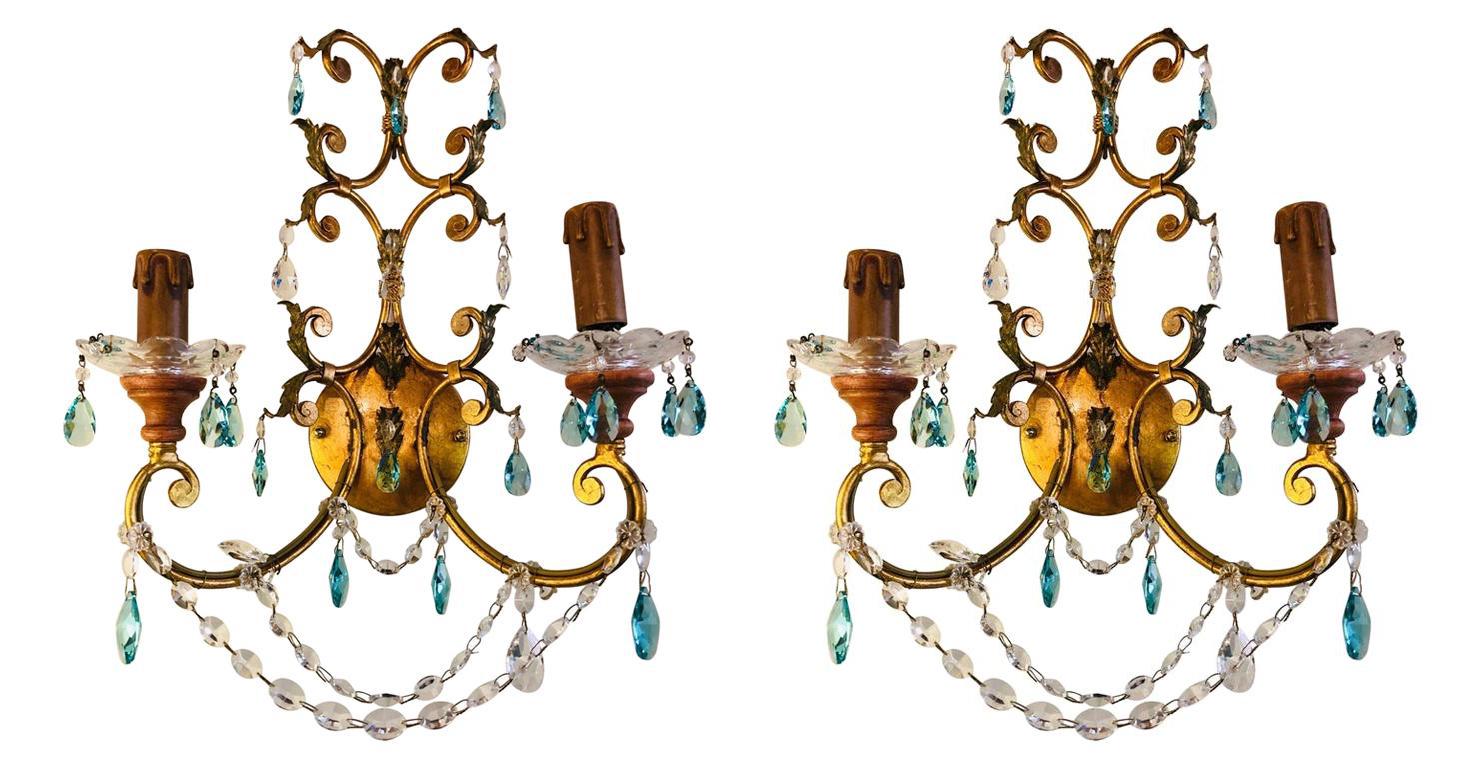 Pair of Neoclassical Handcrafted Italian Gilt Metal and Crystal Sconces