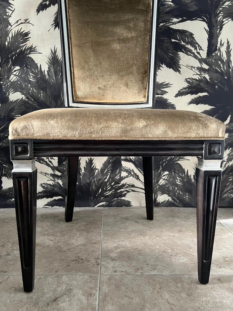 Pair of Neoclassical High Back Chairs in Crushed Velvet and Ebony, c. 1940's For Sale 4