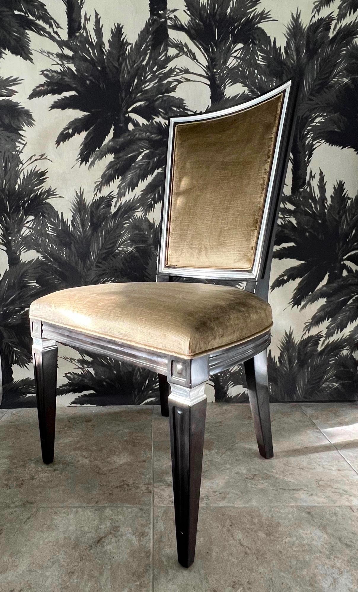 Pair of Neoclassical High Back Chairs in Crushed Velvet and Ebony, c. 1940's 7
