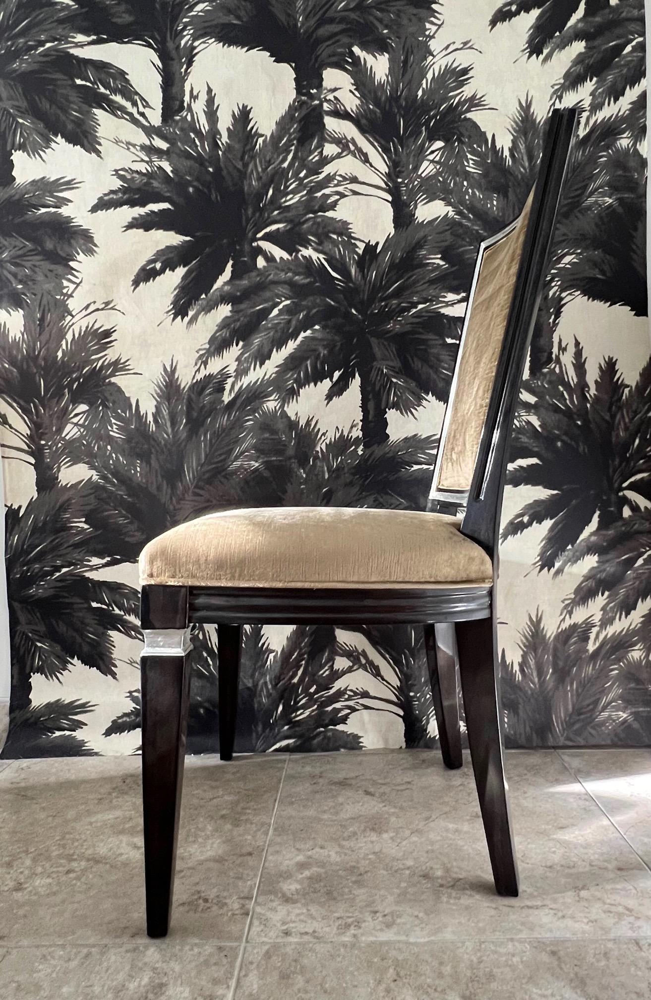 Pair of Neoclassical High Back Chairs in Crushed Velvet and Ebony, c. 1940's 8