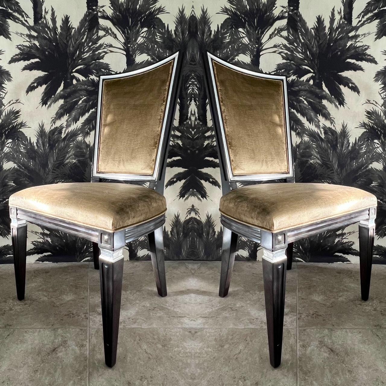 American Pair of Neoclassical High Back Chairs in Crushed Velvet and Ebony, c. 1940's